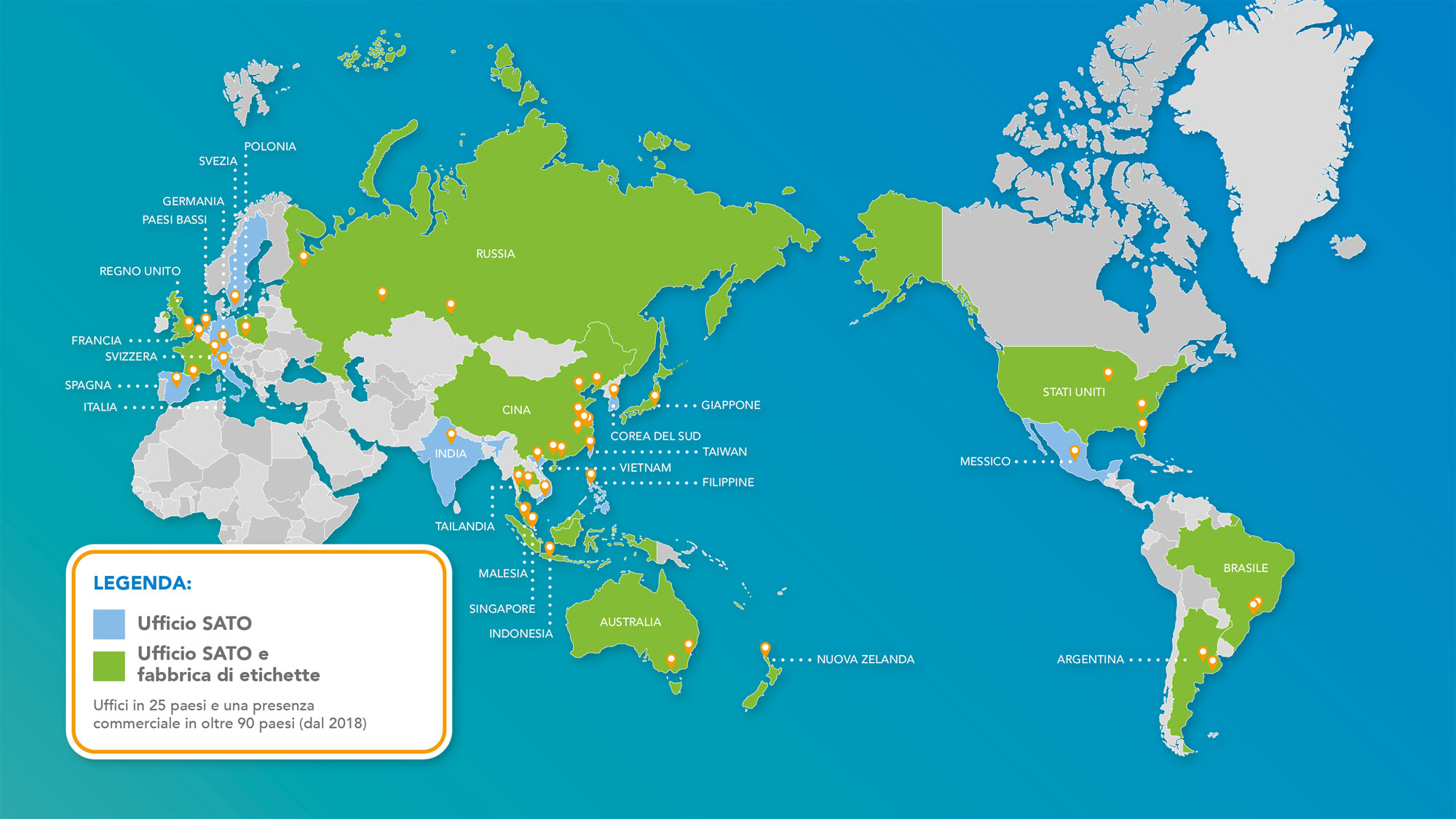 Mappa del mondo con la rete globale del gruppo SATO