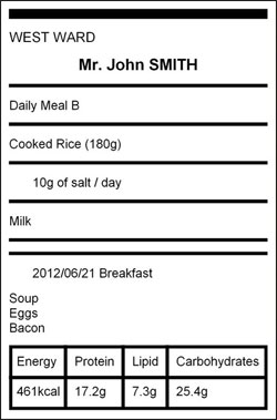Etiqueta con información de la comida de un paciente