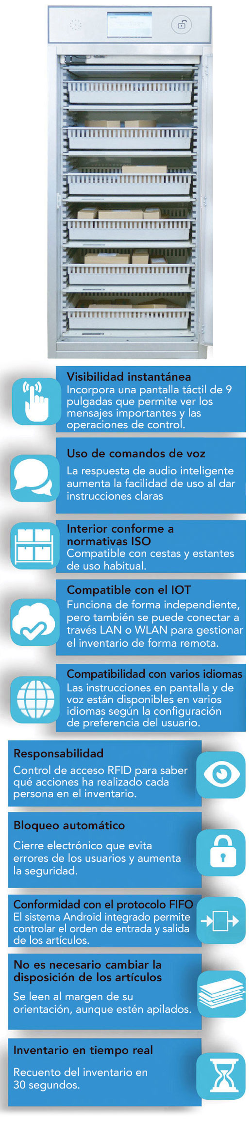 Ventajas de los armarios RFID de Medstor: visibilidad instantánea, comandos de voz, interior conforme a normativas ISO, compatible con el IoT, multilingüe, rendición de cuentas, bloqueo automático, conformidad con el protocolo FIFO, no es necesario cambiar la disposición de los artículos, inventario en tiempo real