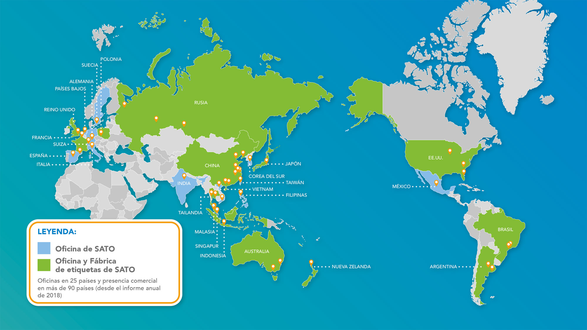 Mapa del mundo con la red de oficinas de SATO Group