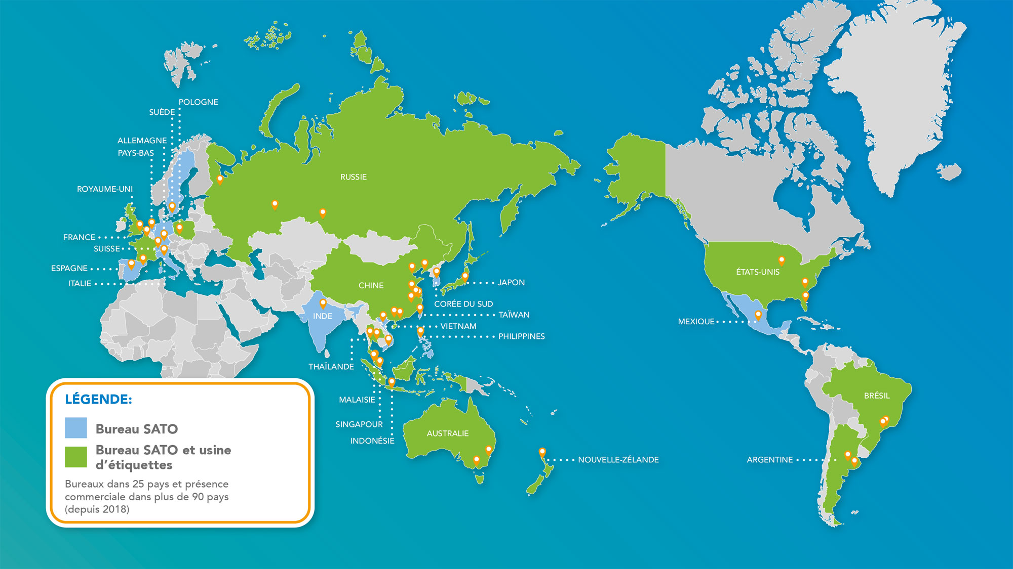 Carte mondiale du réseau international du groupe SATO