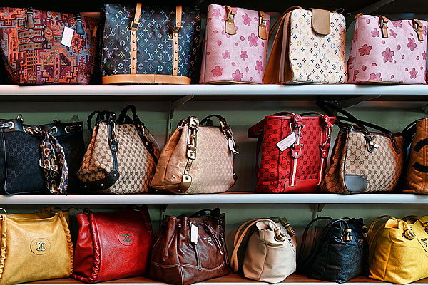 Counterfeit handbags in store