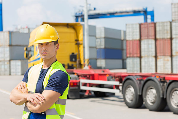 Lorries at warehouse entrance