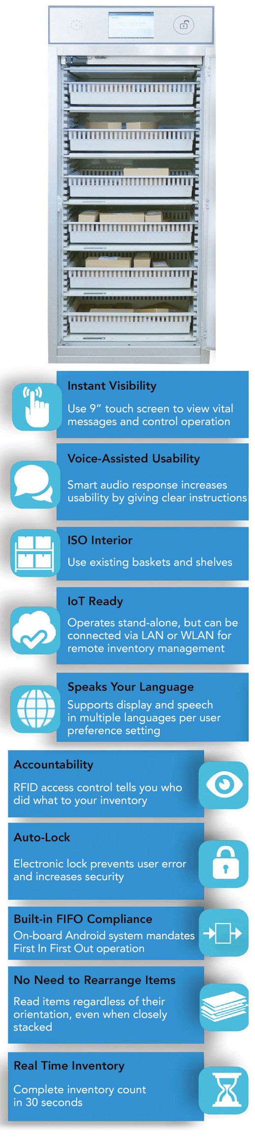 Medstor RFID cabinet benefits - Instant visibility, Voice-assisted usability, ISO interior, IoT Ready, Speaks your language, Accountability, Auto-lock, Built-ion FIFO compliance, No need to rearrange items, Real-time inventory