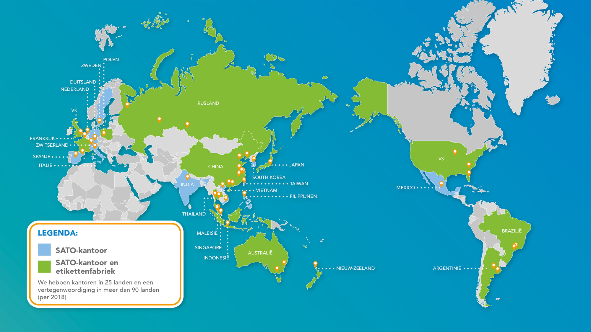 Wereldkaart mondiaal netwerk SATO Group