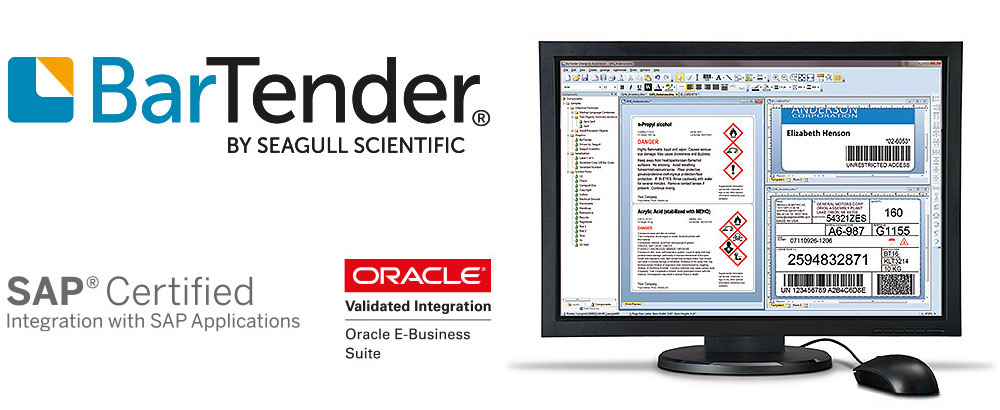 Oprogramowanie Bartender firmy Seagull Scientific na ekranie komputera – z certyfikatem SAP (integracja z aplikacjami SAP), integracja zatwierdzona przez Oracle